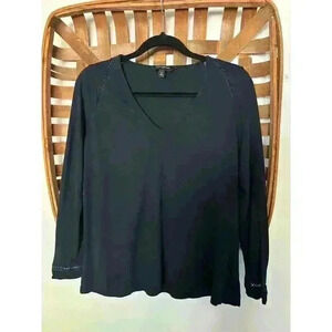 Banana Republic Women's Blue V-Neck Blouse M Stretchy Lattice Detail